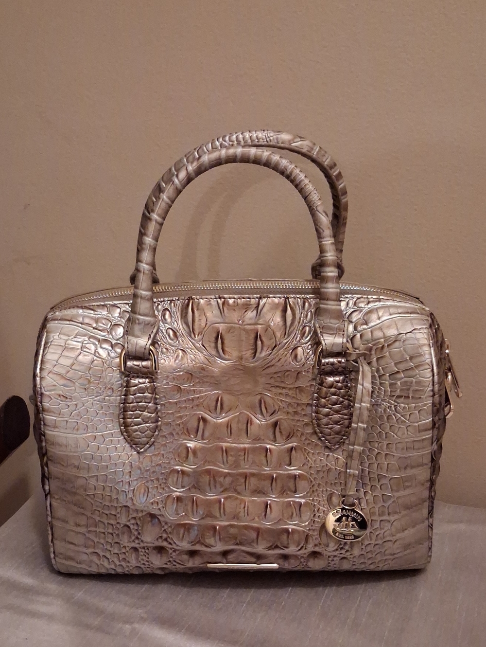 Brahmin Stacy 1.zipMetallic Croc-Embossed Satchel Bag - Bronze gold.